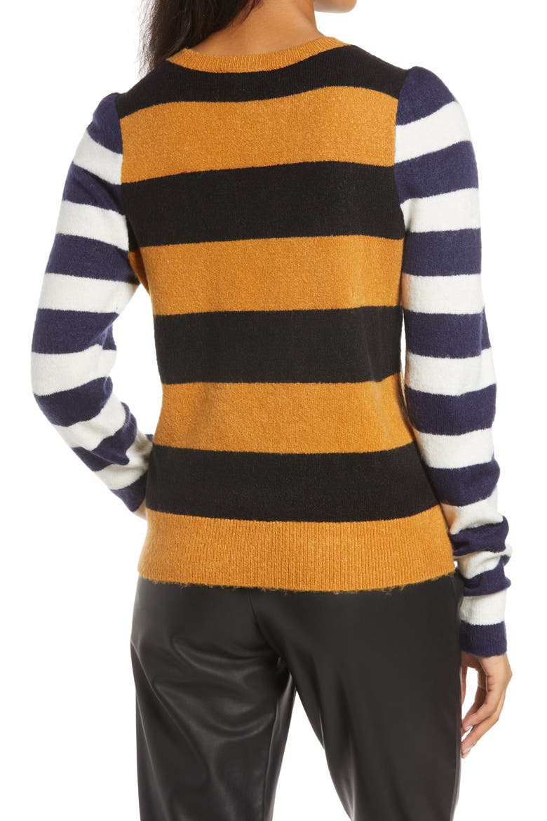 x Atlantic-Pacific Mix Stripe Puff Sleeve Sweater, Alternate, color, TAN SUGAR- BLACK MIX STRIPE