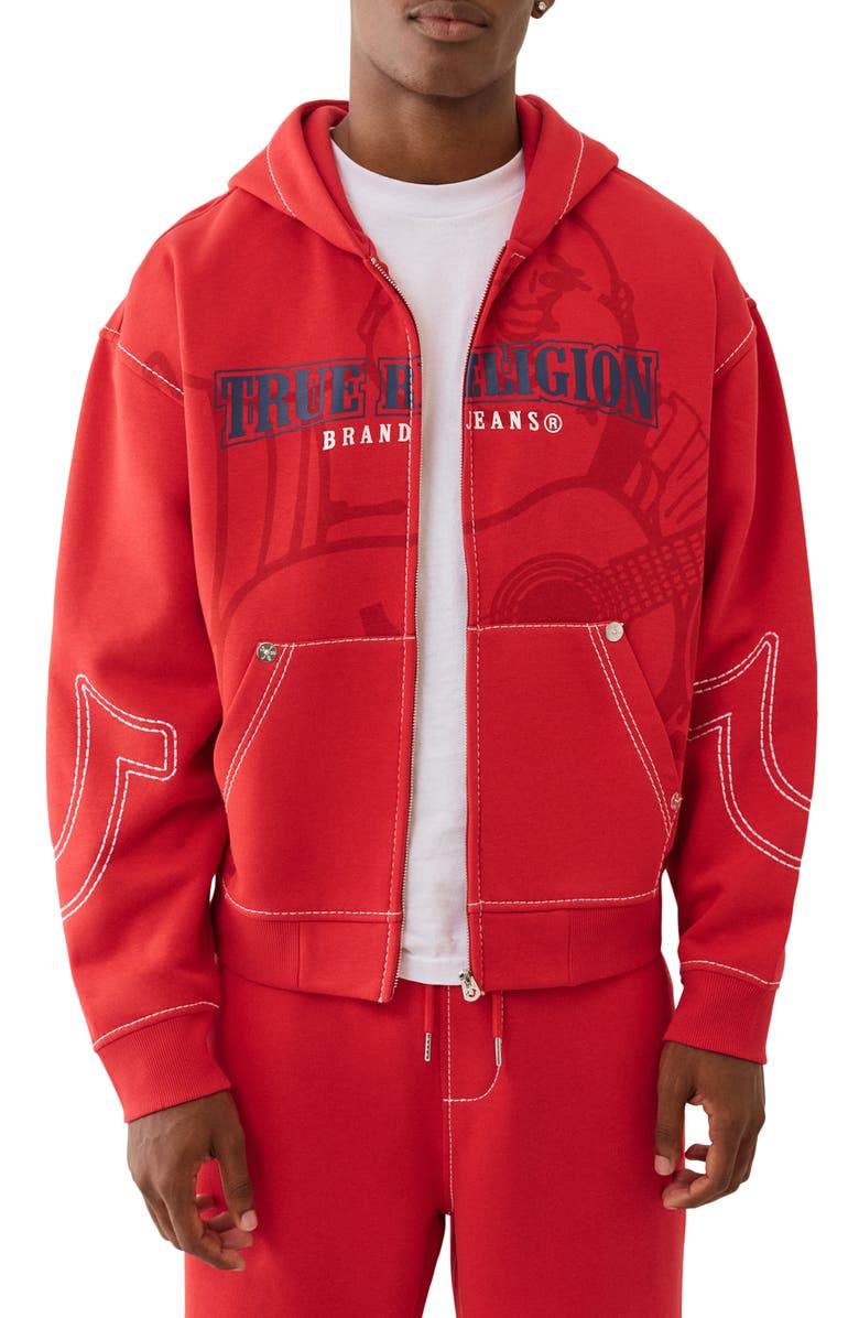 True Religion Cinched Big T Cotton Blend Zip Hoodie, Main, color, Trv Red
