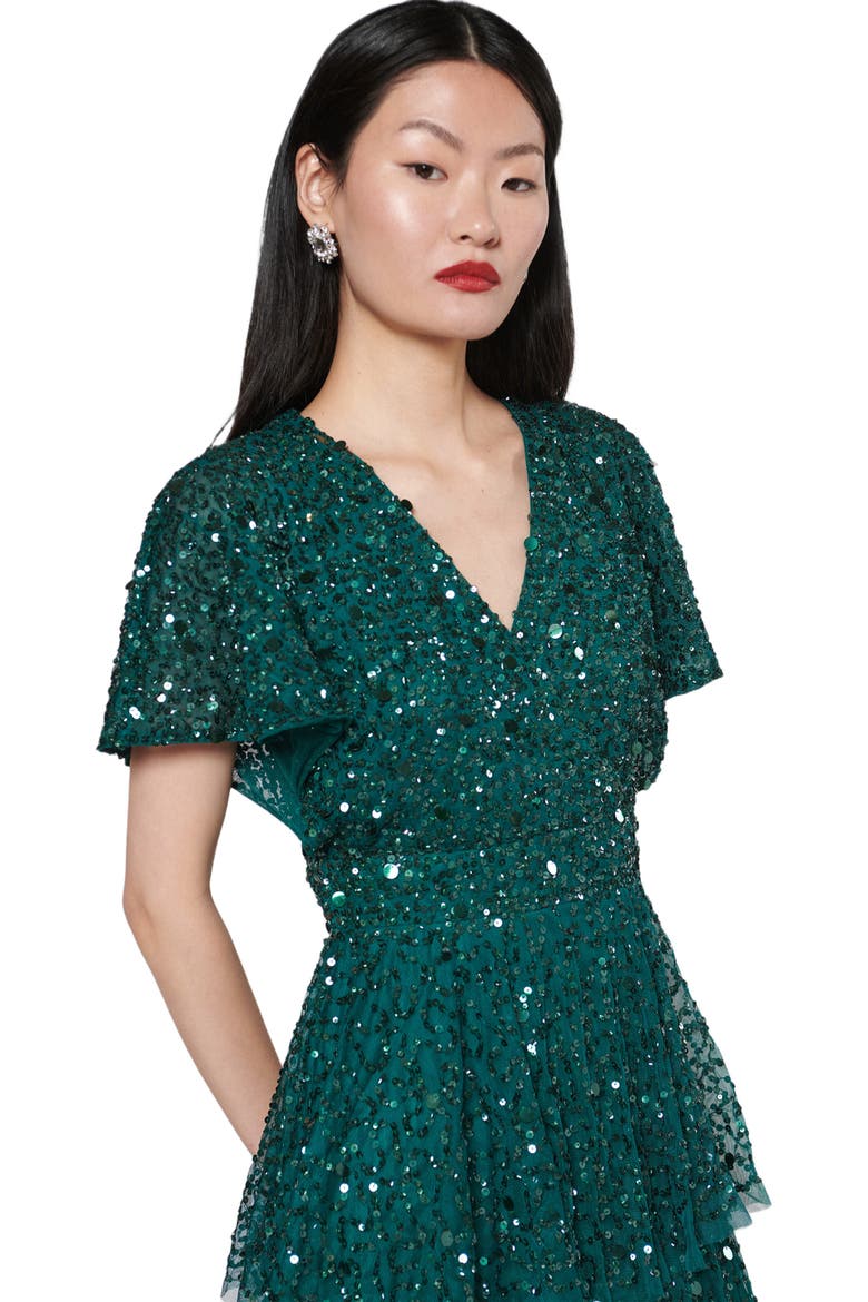 Occasion Embellished Sequin Beaded Short Sleeves Evening Midi Dress, Alternate, color, EMERALD GREEN