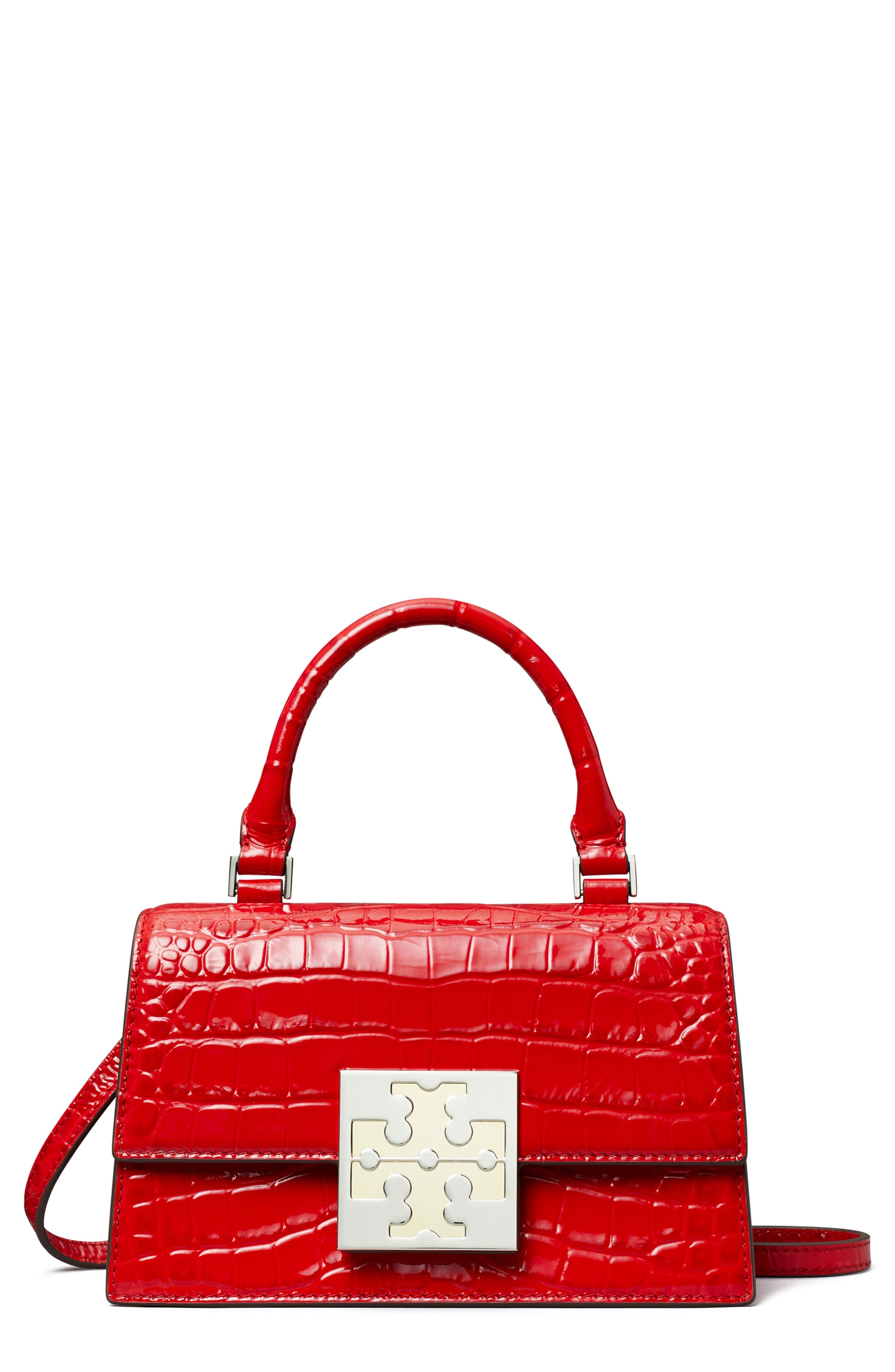 Tory Burch Mini Bon Bon Croc Embossed Top Handle Bag, Main, color, 