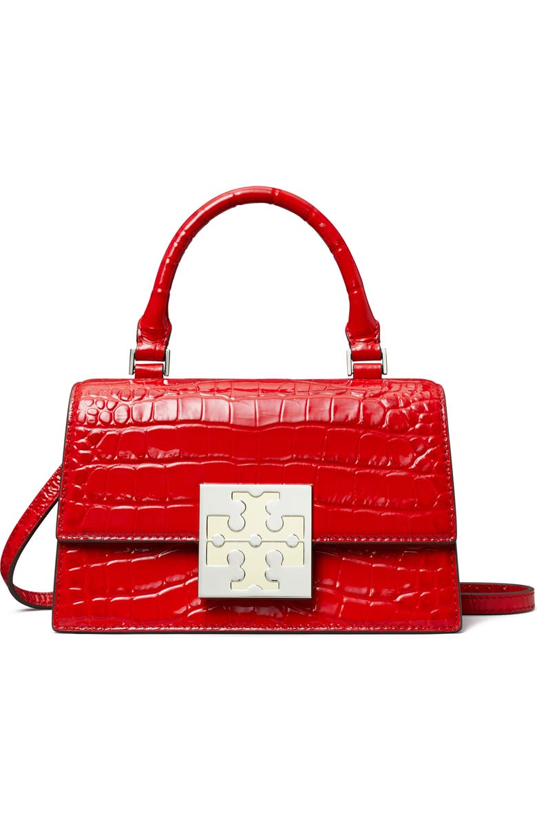 Tory Burch Mini Bon Bon Croc Embossed Top Handle Bag, Main, color,