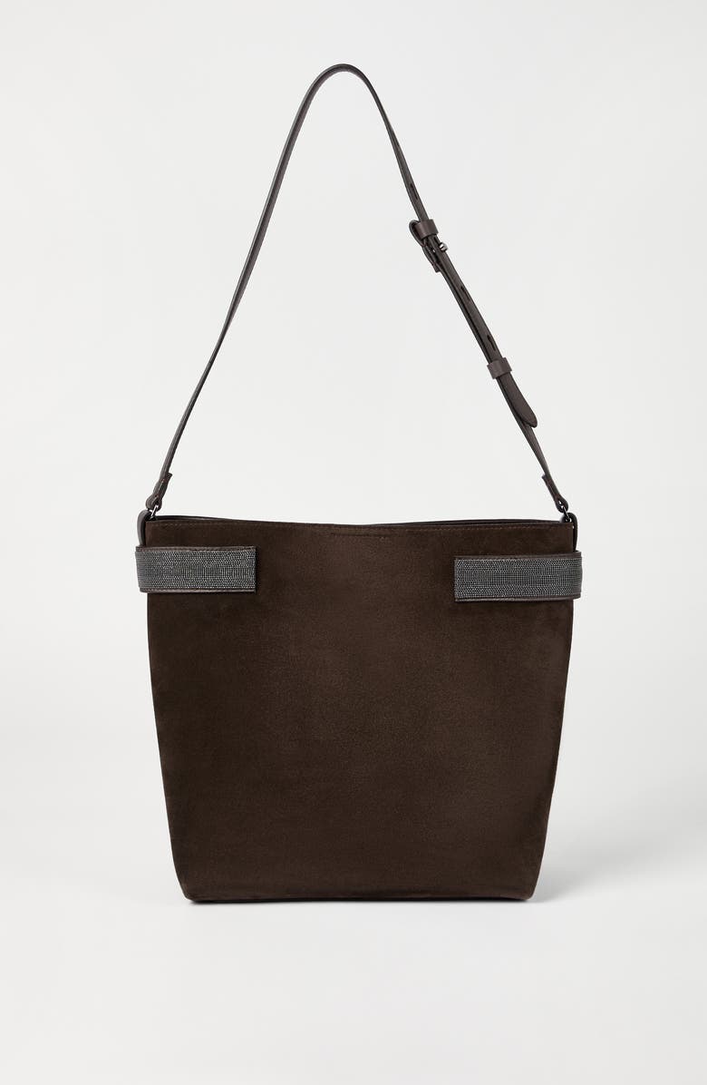 Brunello Cucinelli Suede essence bucket bag, Alternate, color, Pine Cone Brown