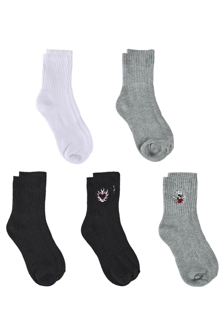 Heart Skull Embroidery Half Cushion Mid Crew Sock 5-Pack, Alternate, color, Black White Grey