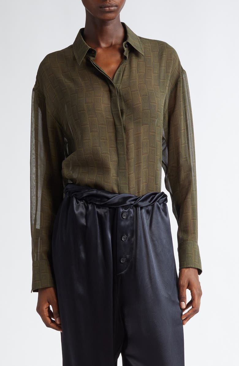 FERRAGAMO Monogram Print Silk Button-Up Shirt, Main, color, 