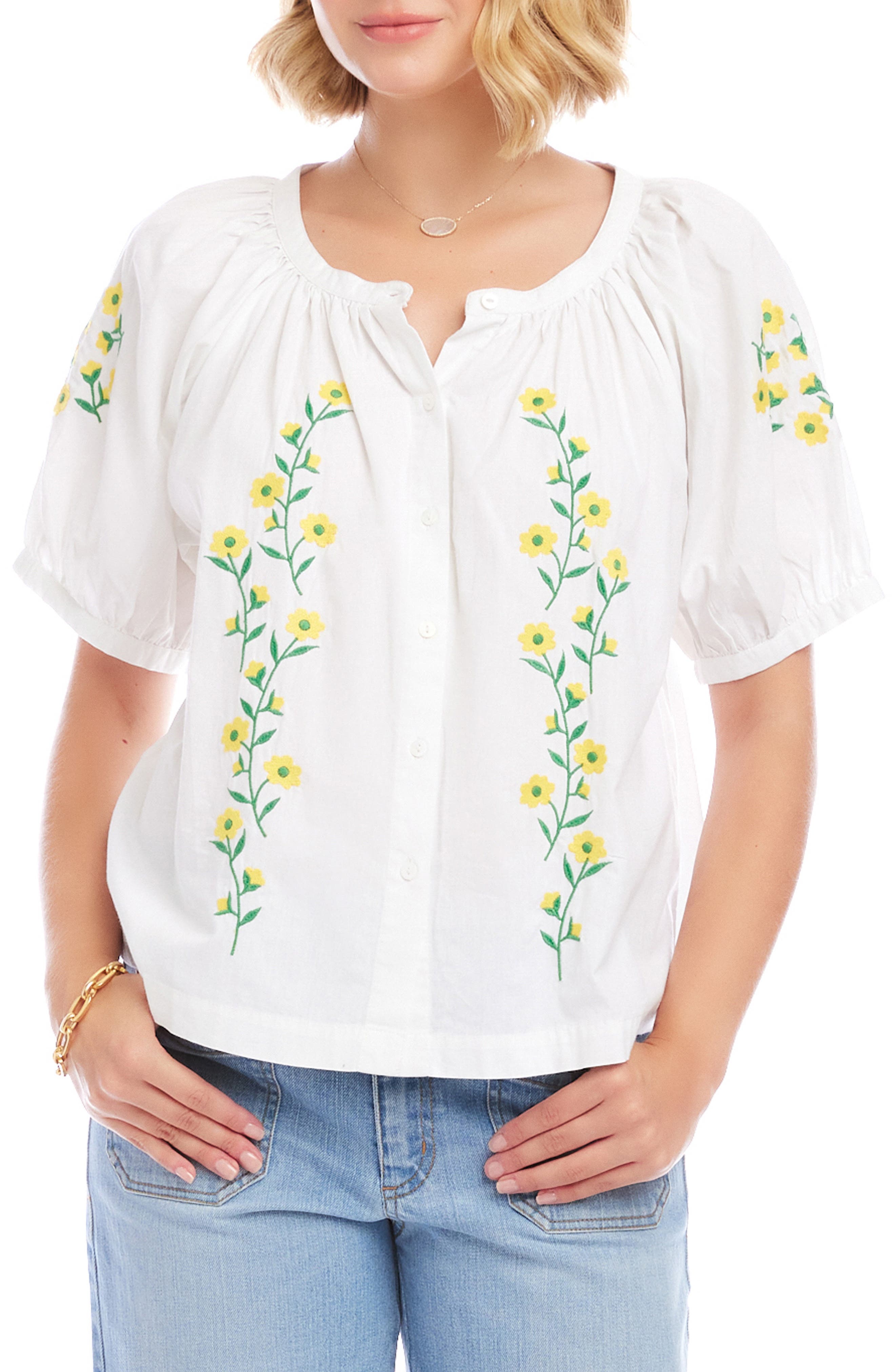 Floral Embroidered Cotton Peasant Top