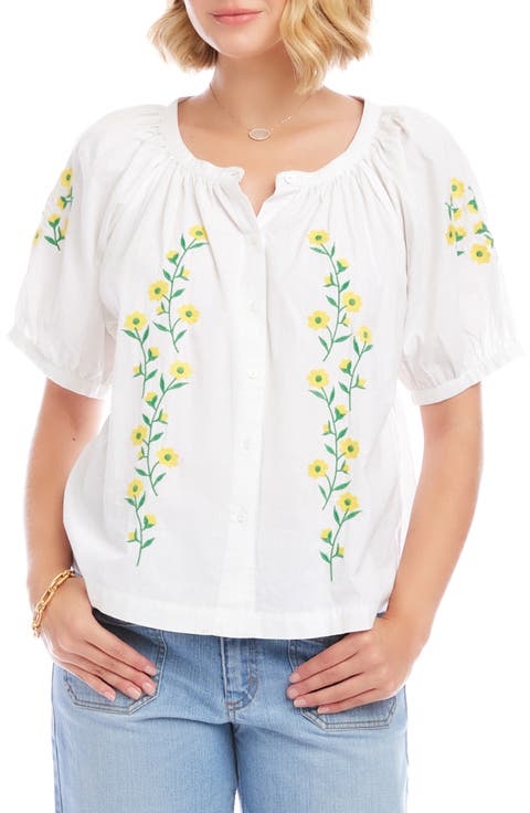 Floral Embroidered Cotton Peasant Top