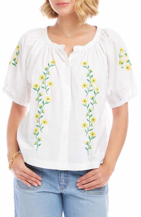 Floral Embroidered Cotton Peasant Top