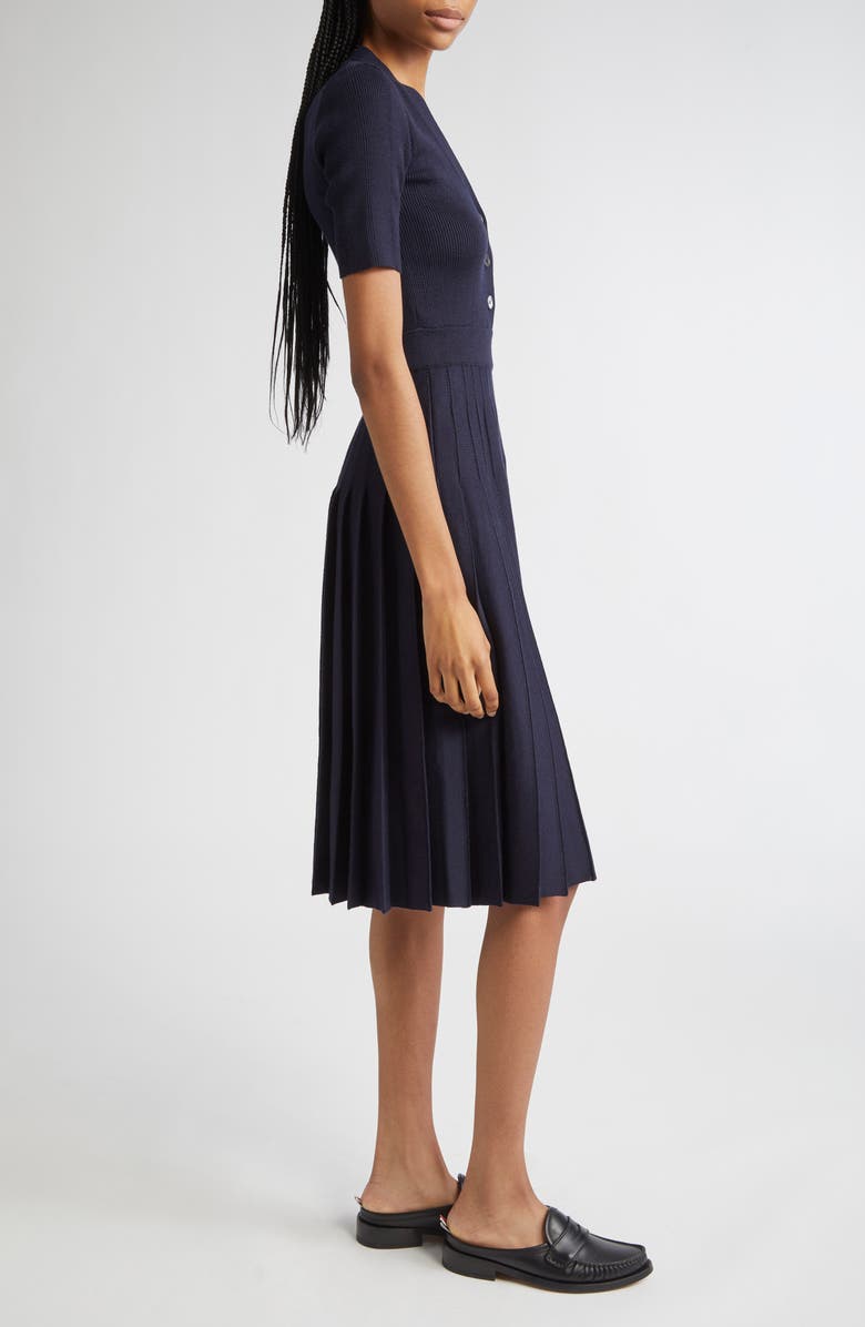 Thom Browne Mixed Stitch Wool & Silk Midi Dress, Alternate, color, Navy