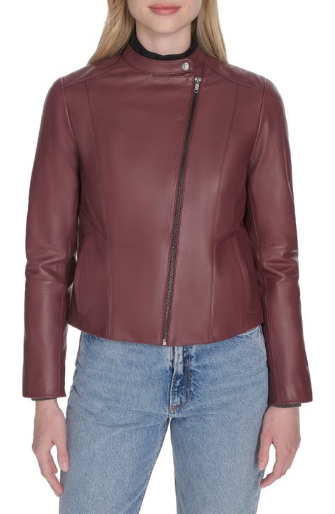 Band Collar Leather Moto Jacket