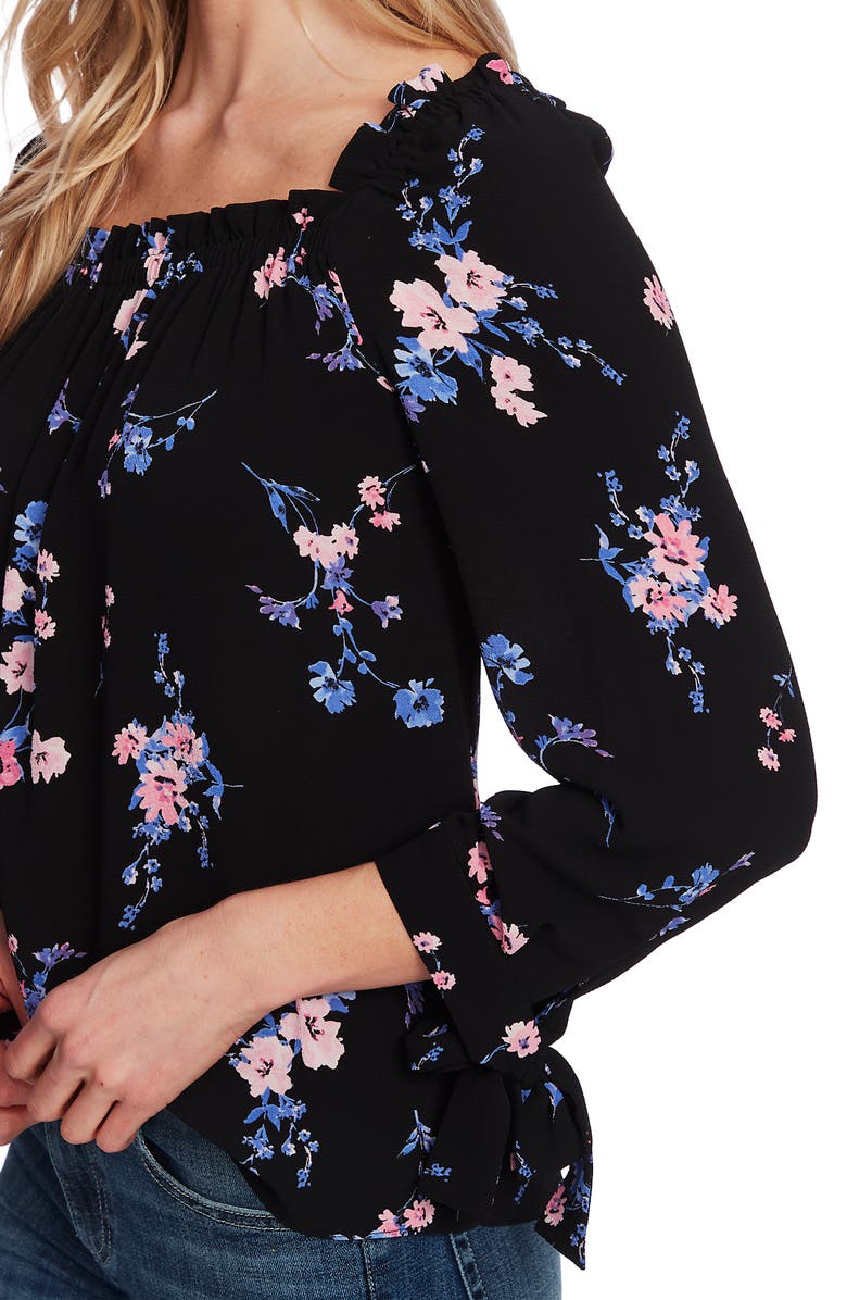 CeCe Watercolor Daisies Square Neck Tie Cuff Crepe Top, Alternate, color,