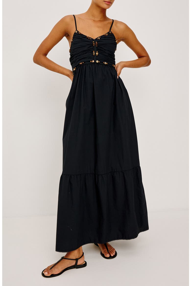 Ivana Polished Stone Detail Cotton Maxi Dress, Alternate, color, BLACK