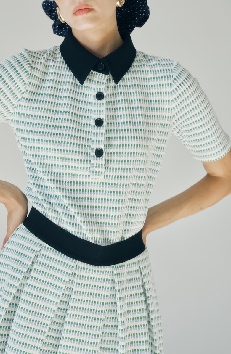 MAUDE CLUB Charlie Contrast Collar Geo Print Top, Alternate, color, White Light Blue Multi