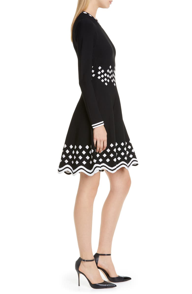 Lela Rose Diamond Jacquard Long Sleeve Fit & Flare Sweater Dress, Alternate, color, 