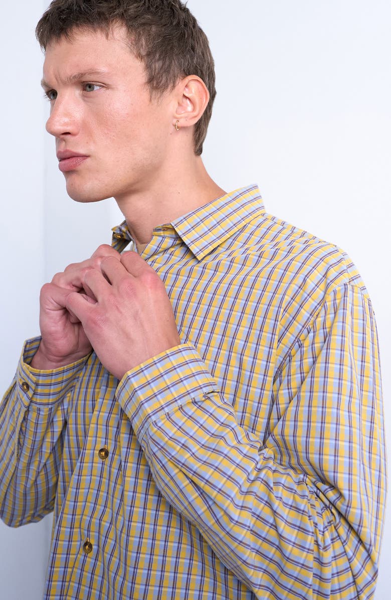 Topman Cotton Poplin Button-Up Shirt, Alternate, color, Mustard Multi