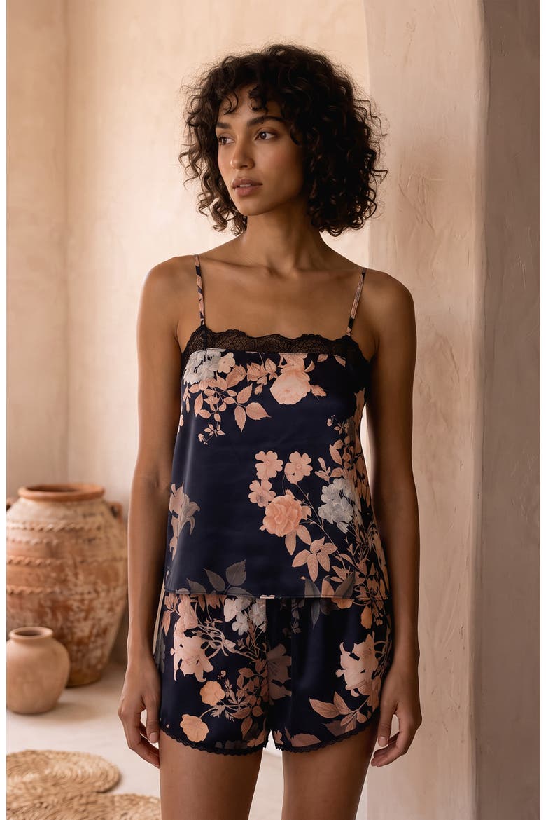 Floral Satin Cami & Tap Shorts Pajamas Set, Alternate, color, BLACKNESS BOUQUET