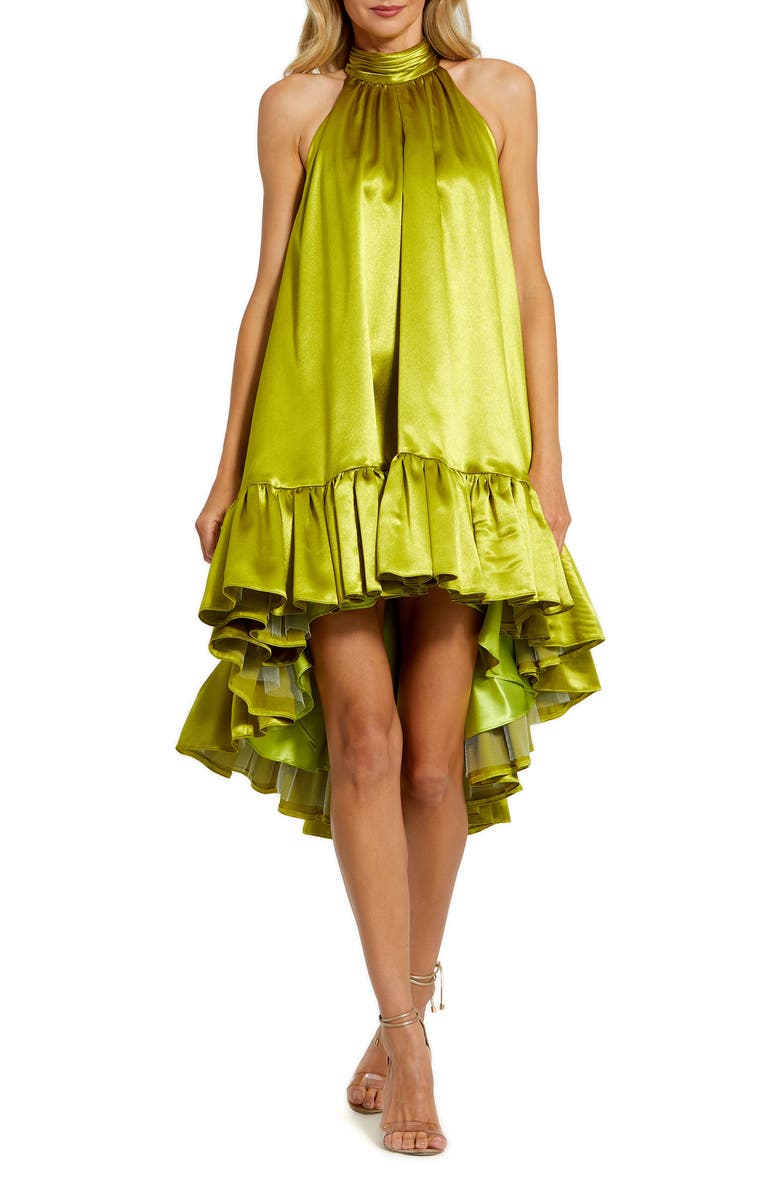 Mac Duggal Keyhole High Neck Satin Ruffle Hem Mini Dress, Main, color, Apple Green