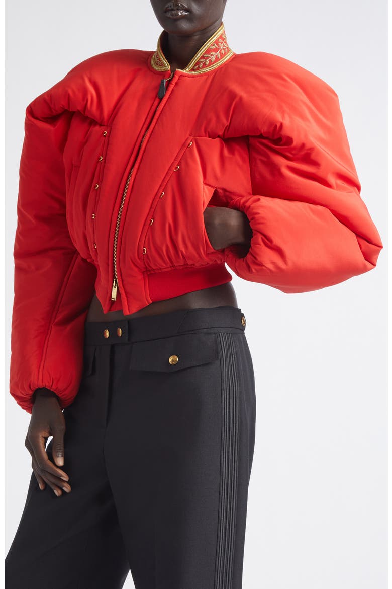 Crop Silk Bomber Jacket, Alternate, color, FLAME RED