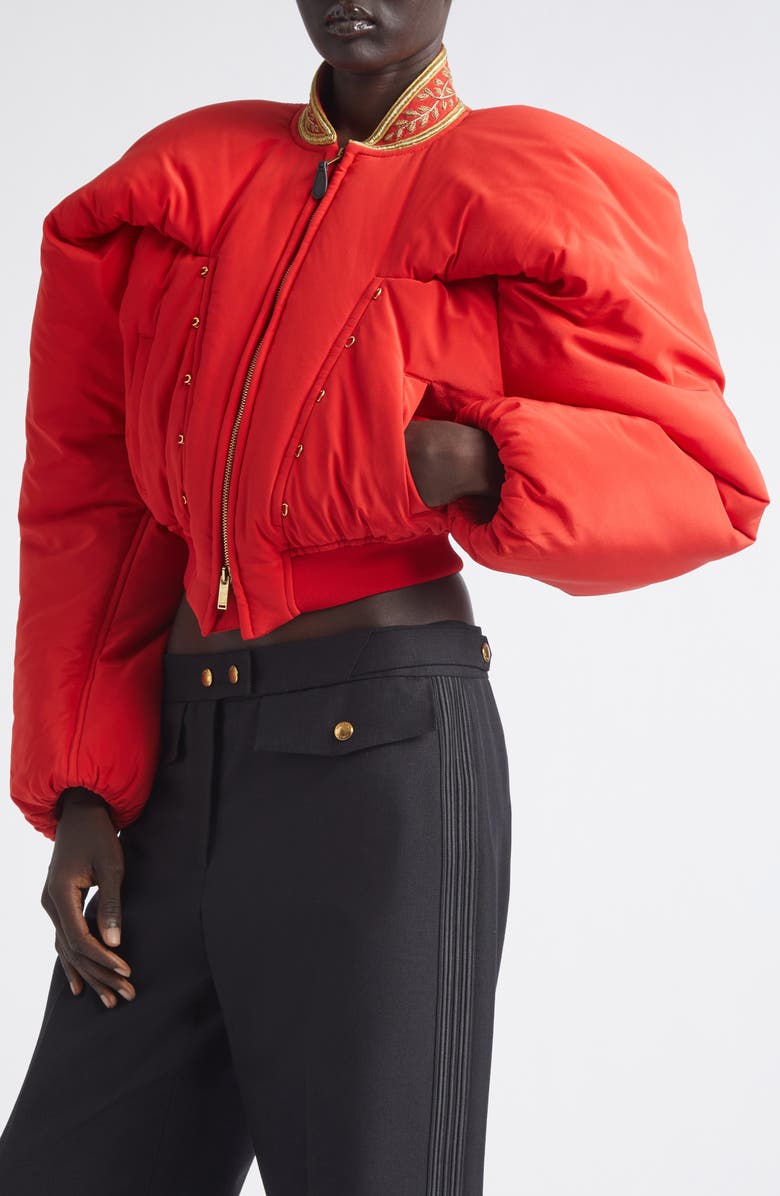 McQueen Crop Silk Bomber Jacket, Alternate, color, Flame Red