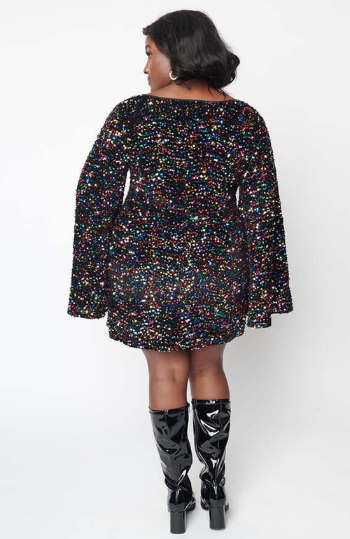 Smak Parlour Angel Sleeve Downtown Scene Mini Fit & Flare Dress In Black Rainbow Sequin