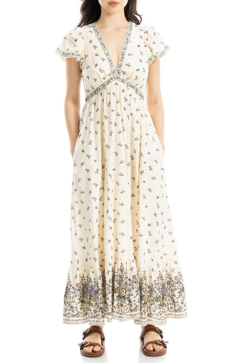 Floral Flutter Sleeve Maxi Dress, Main, color, CREAM/ BLUE BOUQUET