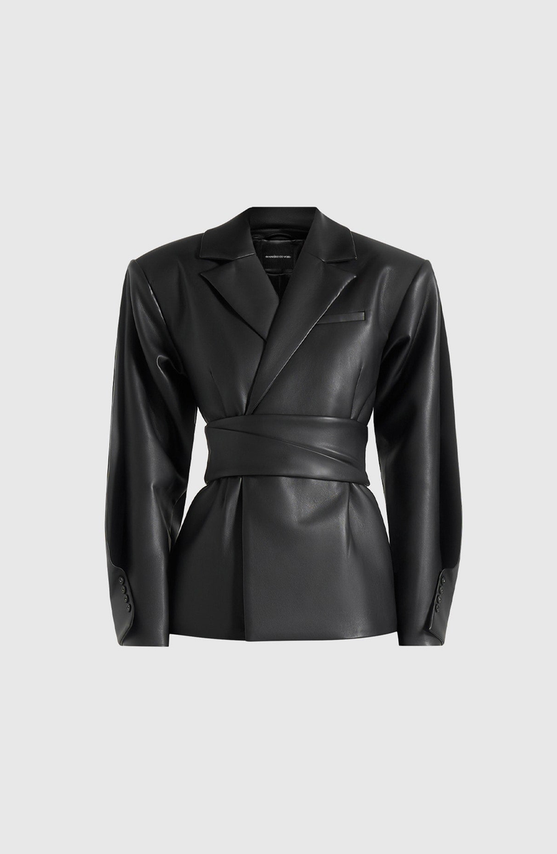 Manière De Voir Marie Twist Sleeve Leather Blazer with Belt, Main, color, Black