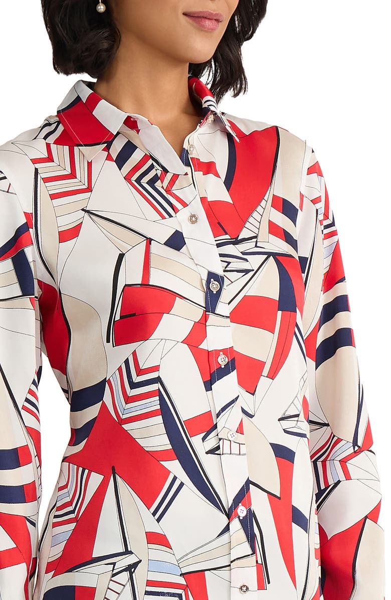 Jones New York Geo Print Button-Up Shirt, Alternate, color, Rouge Multi