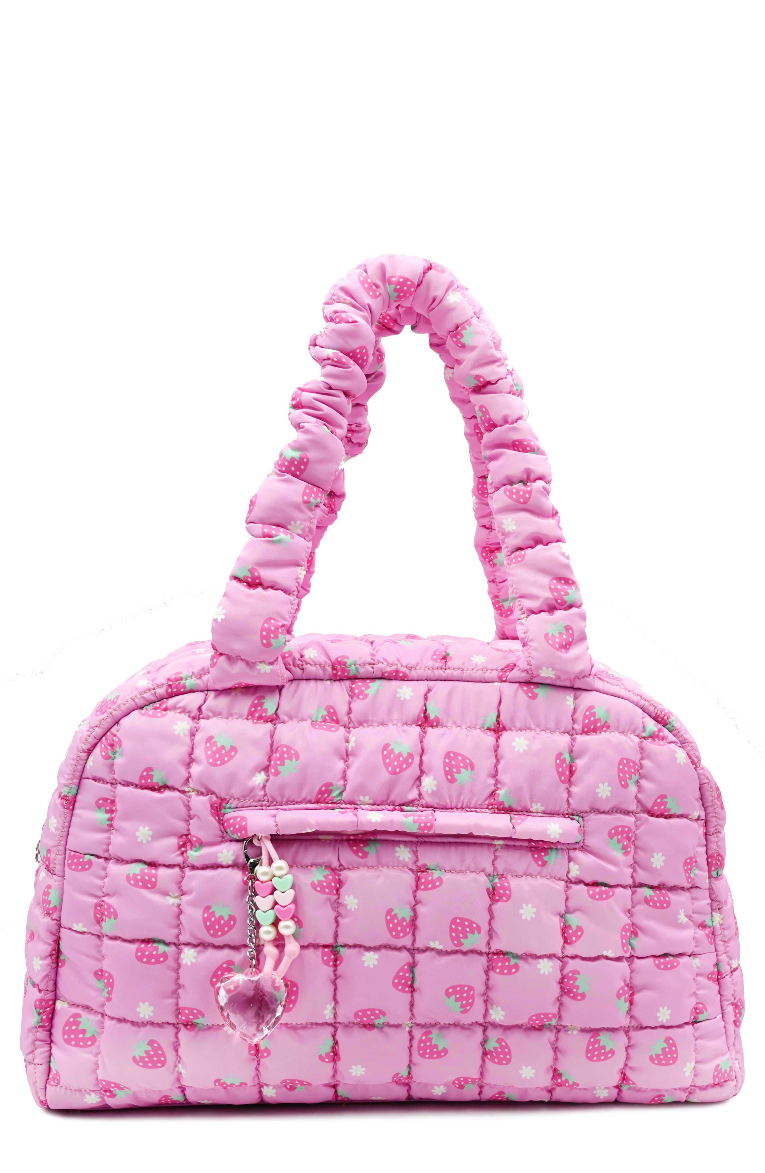 OMG Accessories Kids' Strawberry Print Scrunch Medium Duffle Bag, Main, color, Bubble Gum