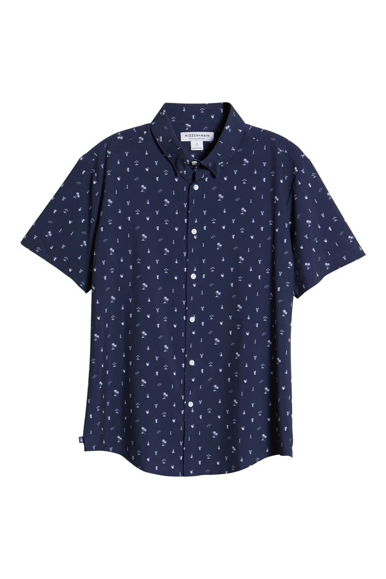Leeward Trim Fit Short Sleeve Button-Up Performance Shirt, Alternate, color, NAVY WHITE BEACH PRINT