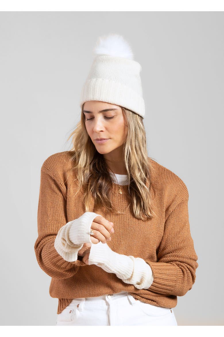 Classic Cashmere Slouch Hat with Faux Fur Pom, Alternate, color, Ivory