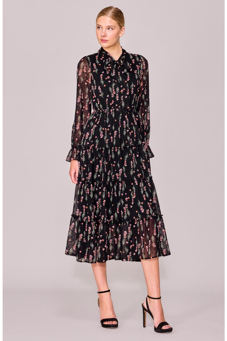 Tie Front Long Sleeve Tiered Midi Dress, Alternate, color, BLACK FLORAL