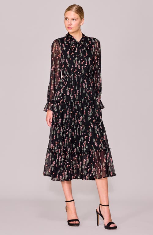 Melloday Tie Front Long Sleeve Tiered Midi Dress In Black