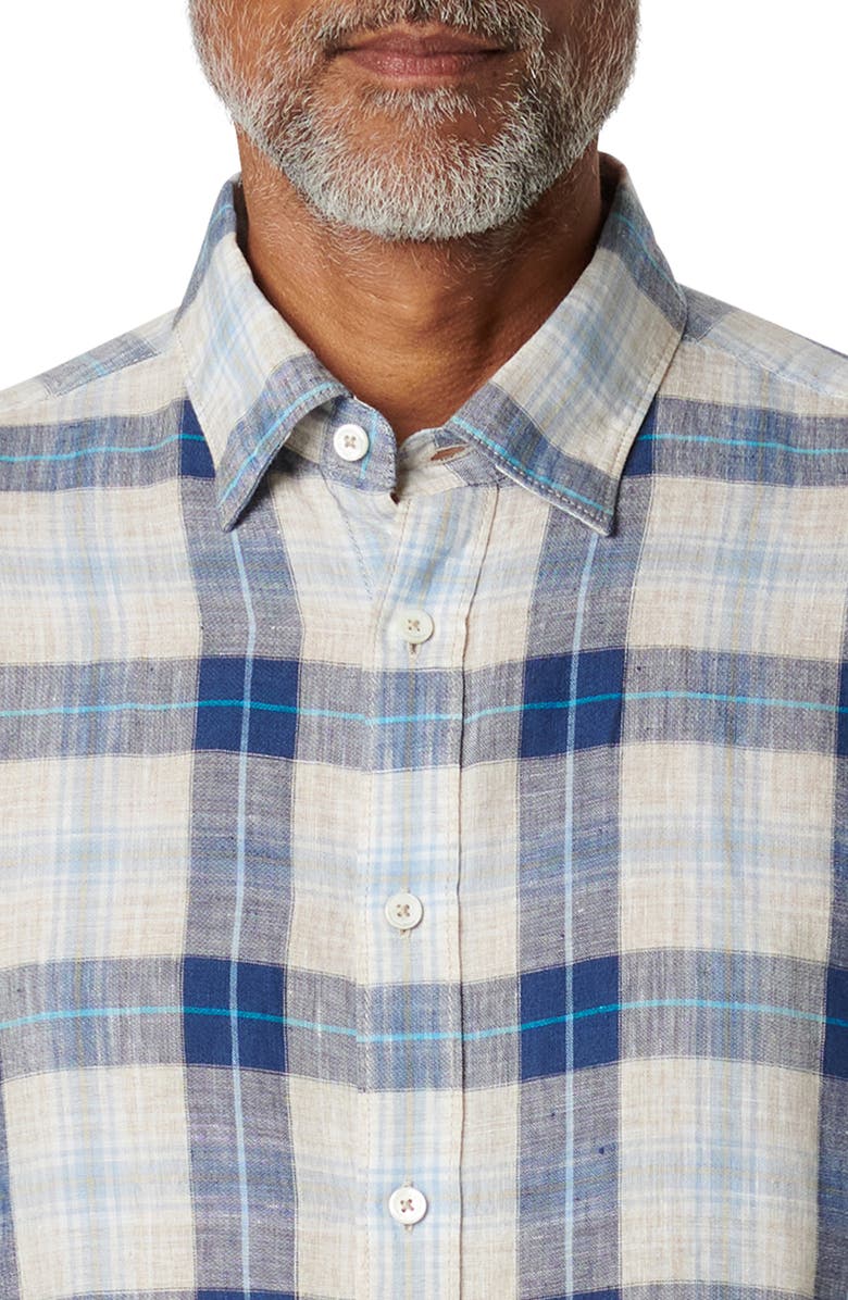 Bugatchi Julian Shaped Fit Plaid Linen Button-Up Shirt, Alternate, color, Sand