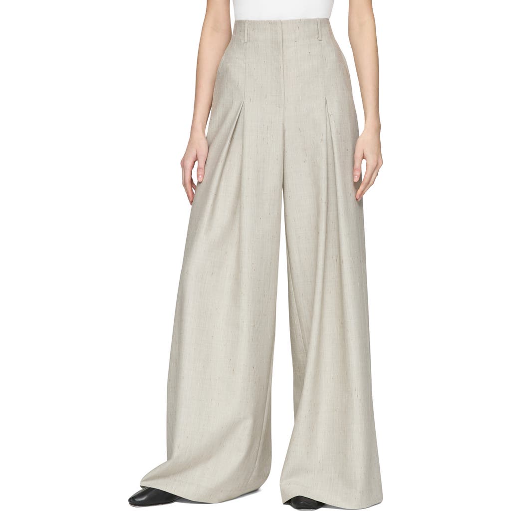 Lafayette 148 New York Warren Pleated High Waist Flecked Merino Wool & Tussah Silk Wide Leg Pants In Pencil Grey Multi