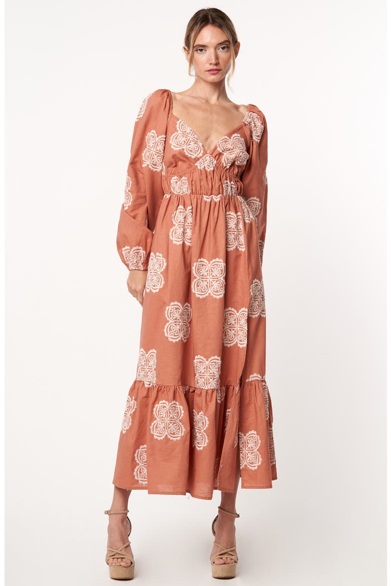 Serbita Medallion Embroidery Long Sleeve Cotton & Linen Midi Dress, Alternate, color, JASPER
