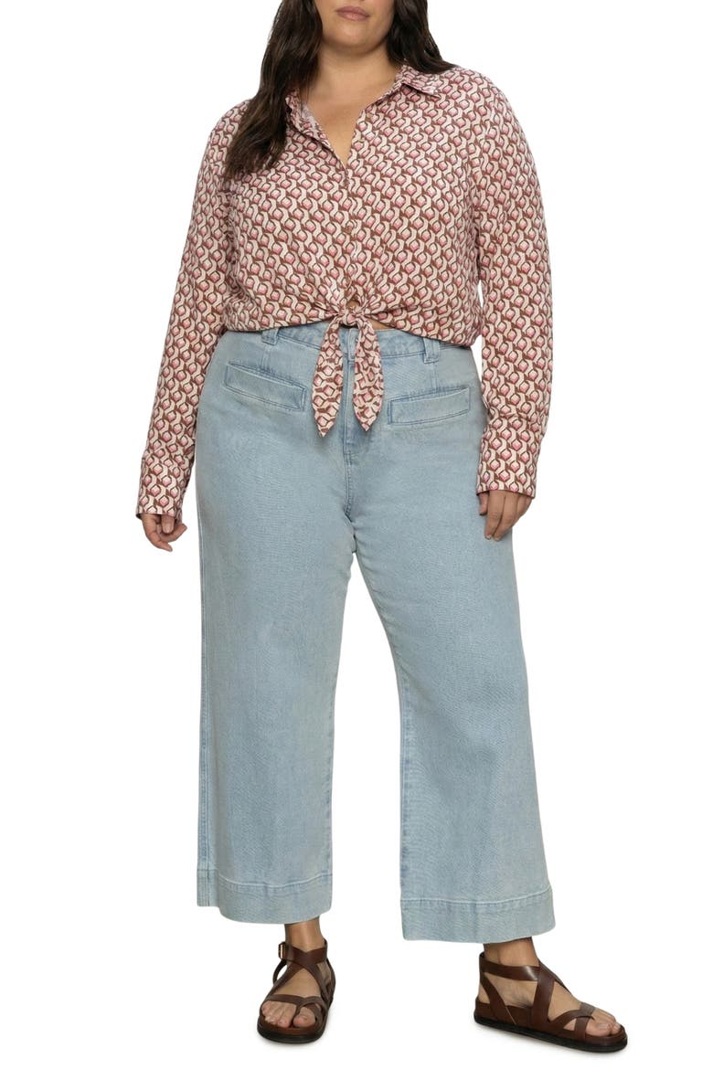Lover Print Tie Hem Crop Sateen Shirt, Alternate, color, PETAL GRID PINK