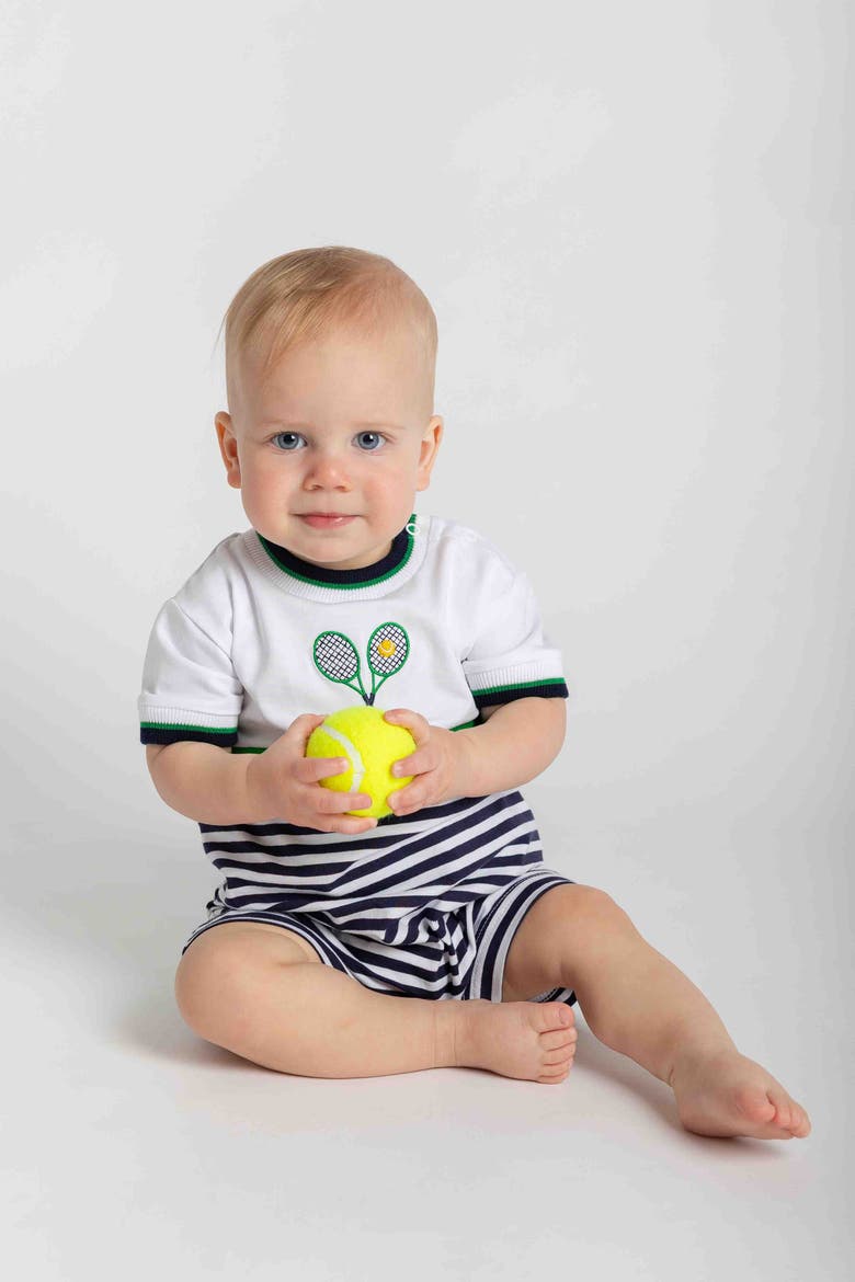 Stripe Knit Shortall with Tennis Rackets, Alternate, color, Navy/White