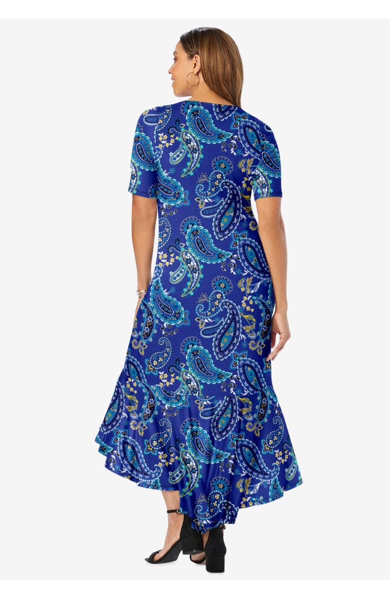 Jessica London Stretch Knit Flounce Hem Maxi Dress, Alternate, color, Black White Ornate Paisley