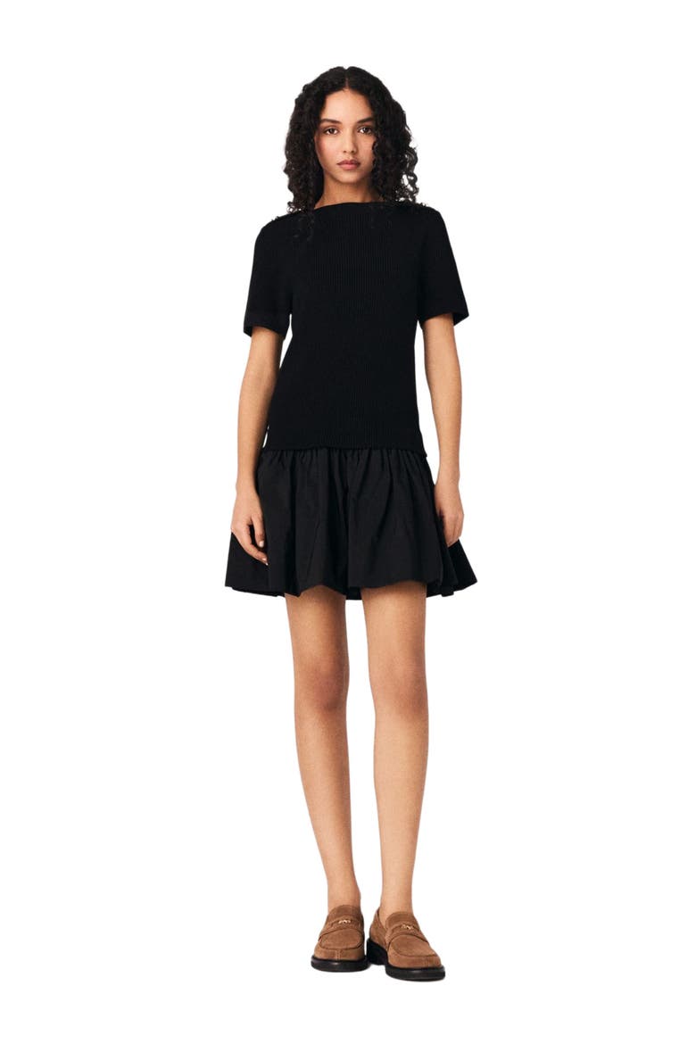 Short knit and taffeta dress, Main, color, Black
