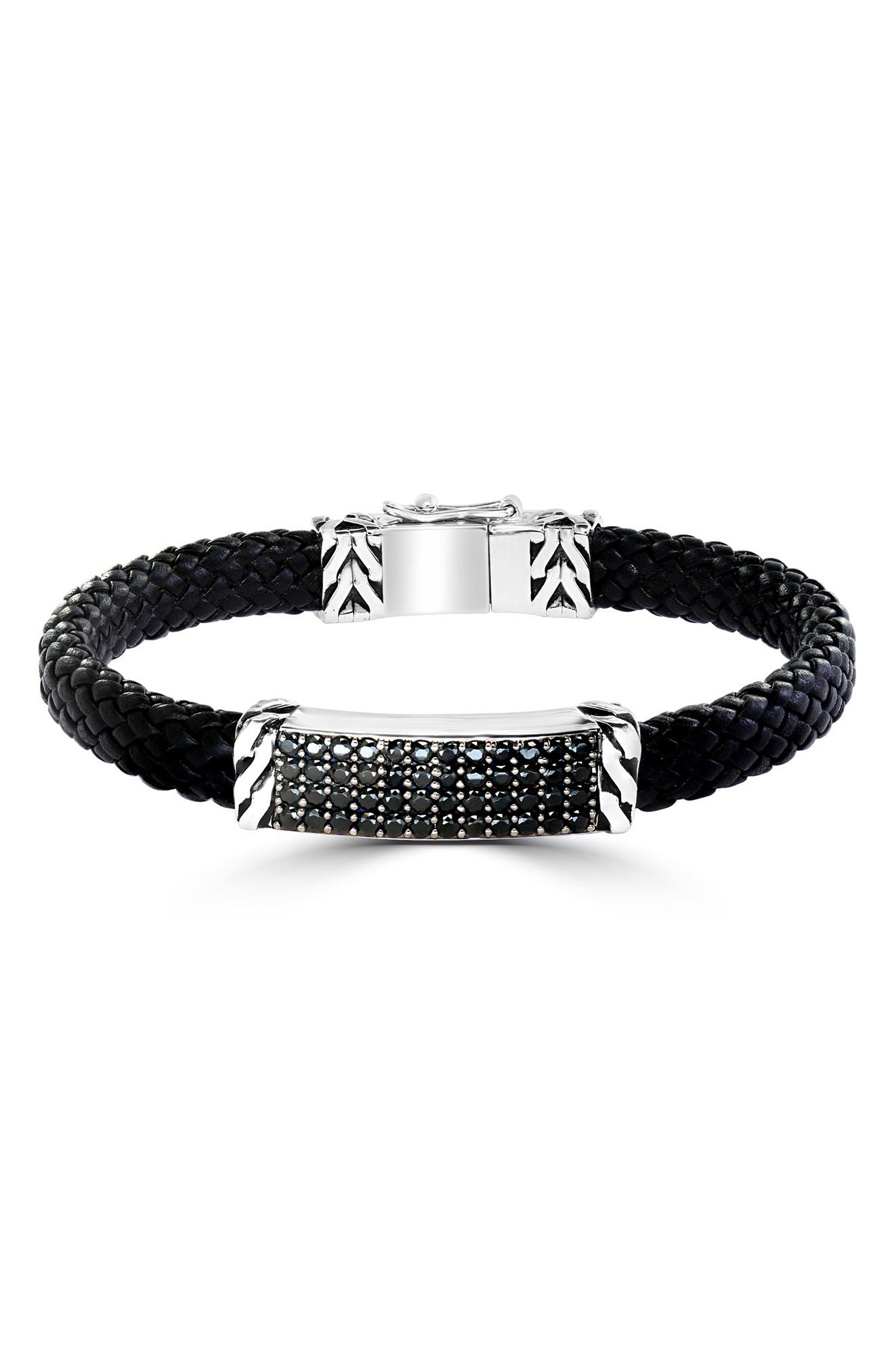 EFFY Sterling Silver Pavé Black Spinel Leather Bracelet