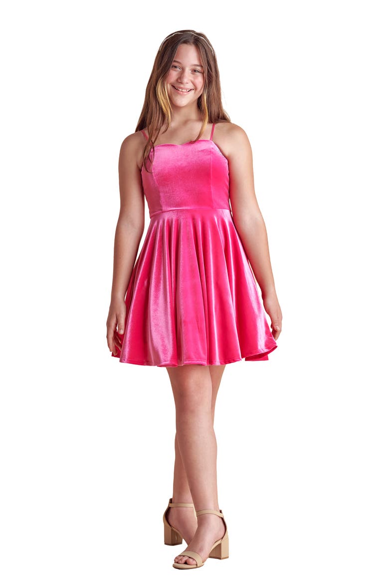 Velvet Fit and Flare Stretch Dress in Longer Length, Main, color, Pink