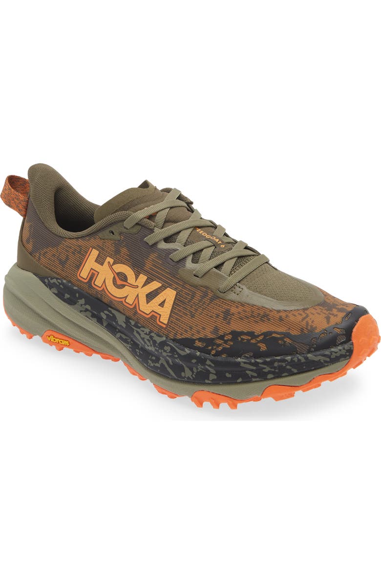 HOKA Speedgoat 6 Trail Running Shoe, Main, color, Antique Olive / Squash