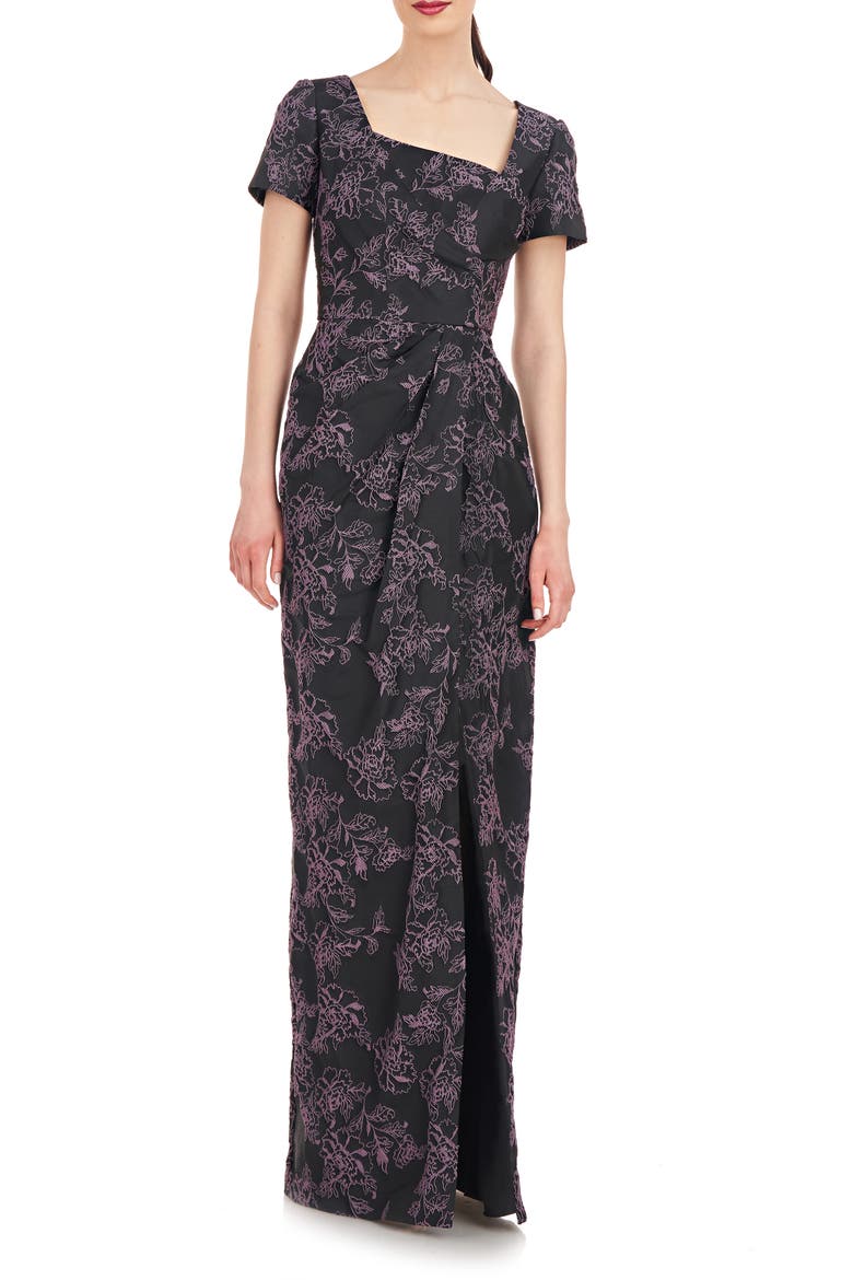 Rosalyn Floral Short Sleeve Column Gown, Main, color, BLACK/ DARK LAVENDER