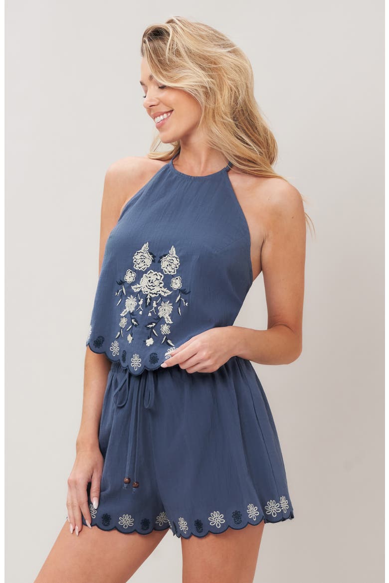 Embroidered Halter Top & Shorts Set, Alternate, color, SLATE BLUE