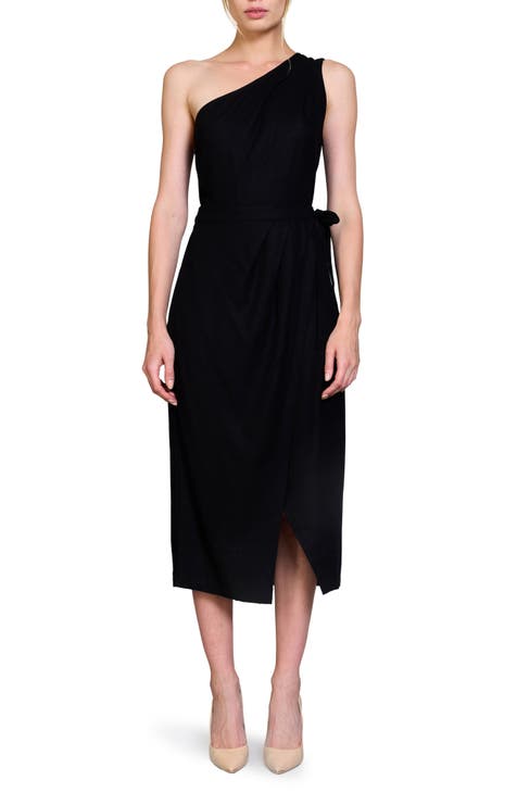 One Shoulder Faux Wrap Midi Dress