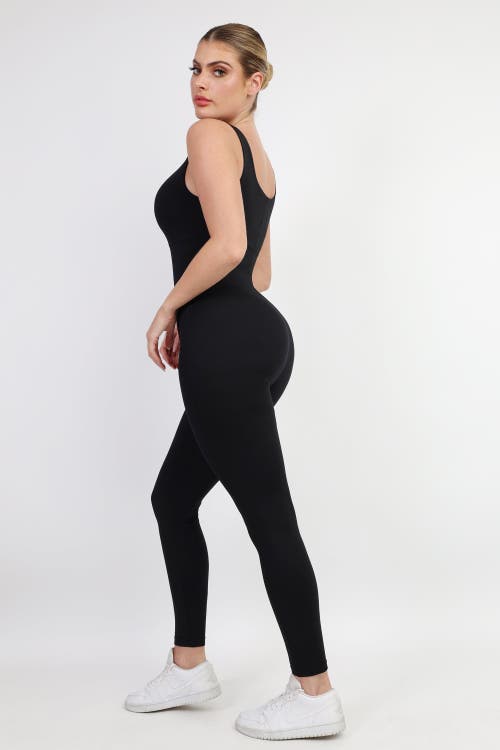 Popilush Shapewear Square Neck Thigh Slimming Workout Jumpsuit In Midnight Black