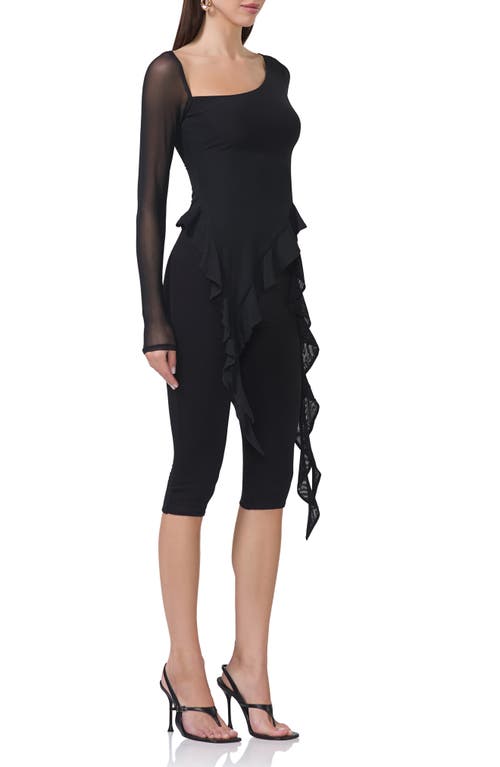 Afrm Doris Ruffle Asymmetric Mesh Top In Noir