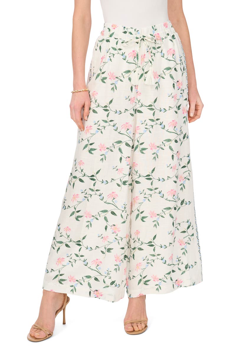 Floral Print Tie Waist Wide Leg Pants, Main, color, NEW IVORY