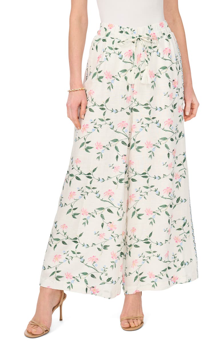 Vince Camuto Floral Print Tie Waist Wide Leg Pants, Main, color, New Ivory