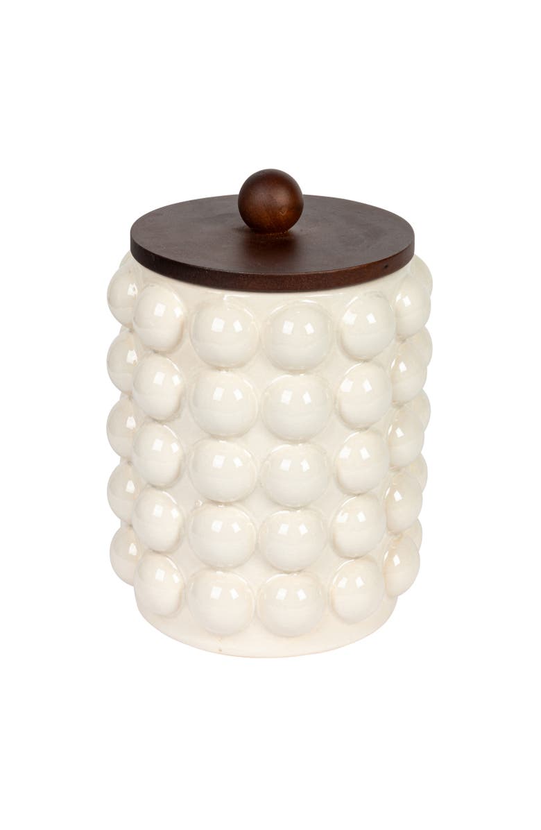 Storied Home Canister with Raised Dots and Wood Lid, Main, color, White