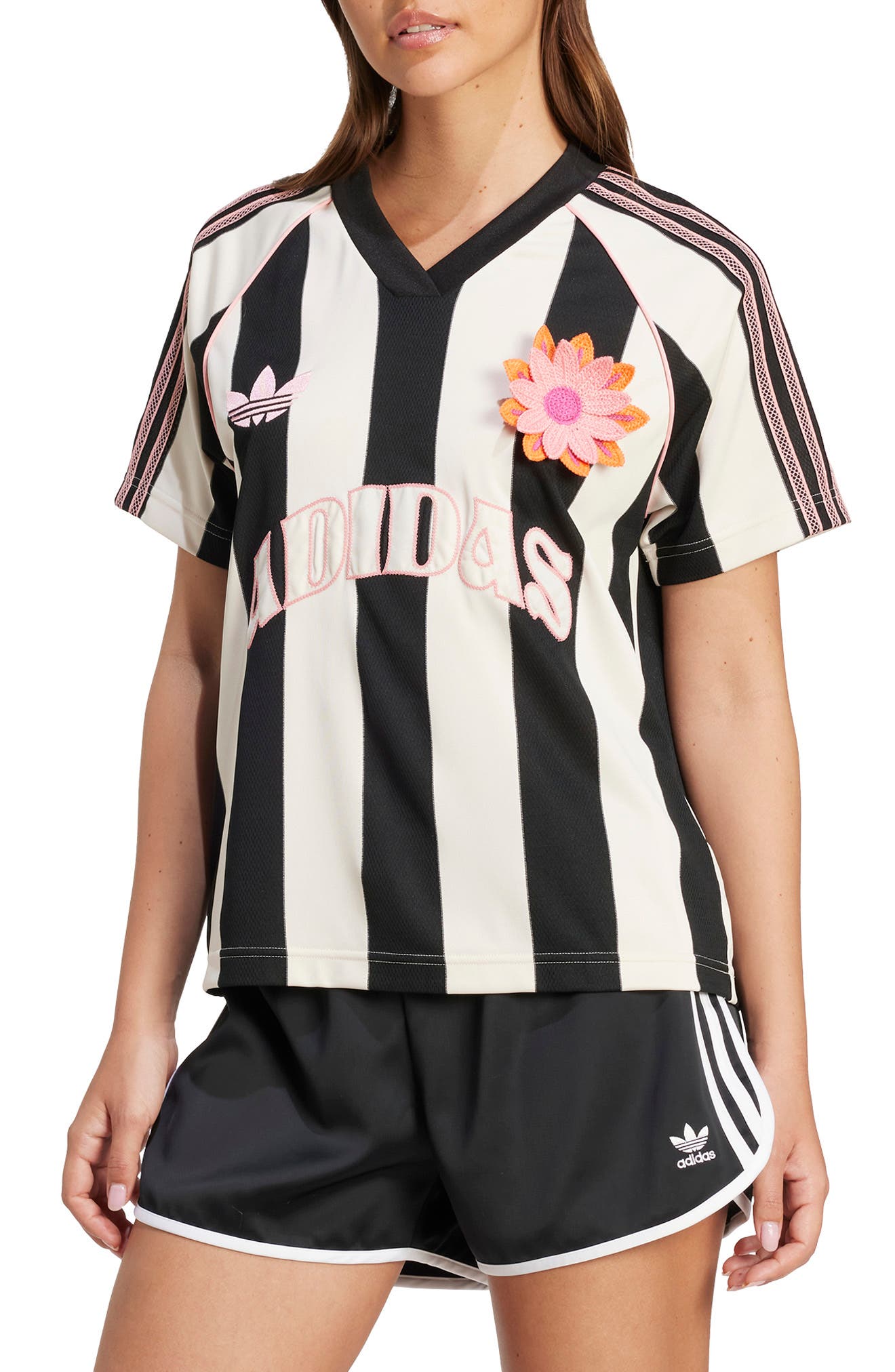 adidas Originals Floral Appliqué Stripe Mesh Soccer Jersey